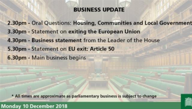 May to Speak Ahead of Vote Delay - House Of Commons Program (Chart 1)